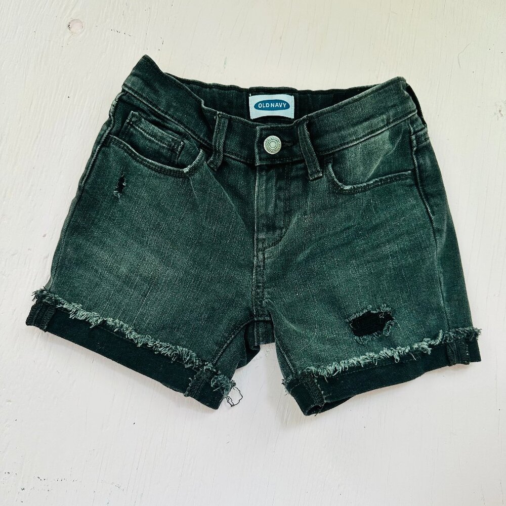 Old Navy Girls Black Denim Shorts Size 8 Distressed Frayed Hem Cuffed
